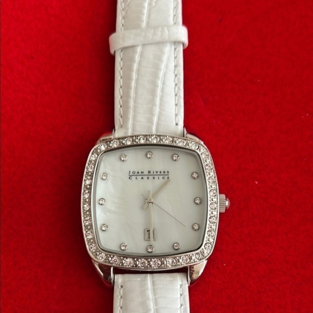 Vintage Joan Rivers White Watch with Crystal Details and Leather Band